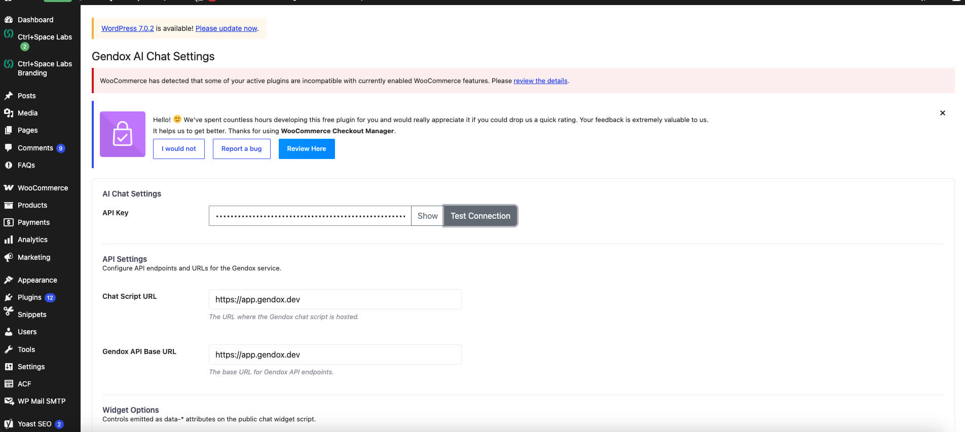 API Settings for Chat Script URL and Gendox API Base URL